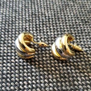 Two Tone Triple Hoop Earrings Gold Silver Mixed Metal Chunky J-Hoops Post Back